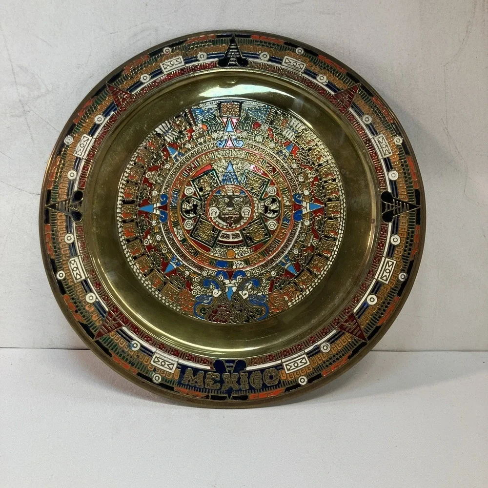 Vintage Aztec Calendar Brass Wall Hanging Plate